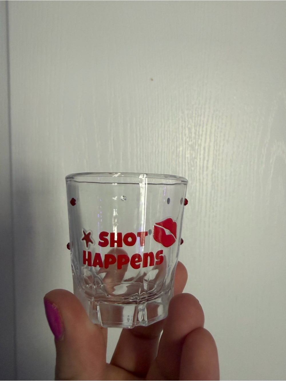 Shot Happens Red Print Glass Shot Glass